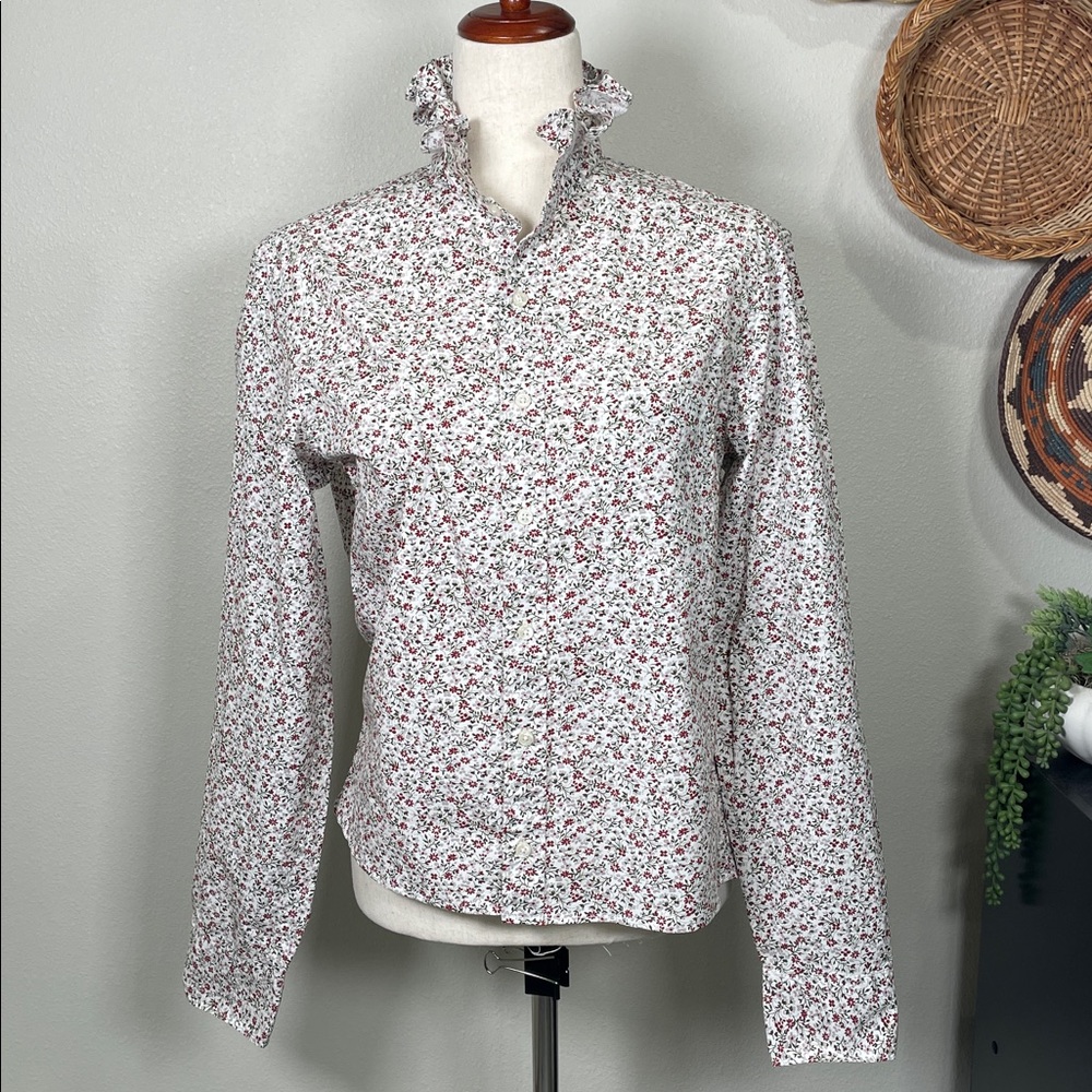 Upcycled Repurposed White Floral Ruffle Collar Button Up Shirt Preppy Size Small - Picture 4 of 15